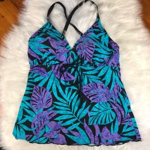 Ocean Dream Signature Palm Leaf Tankini Top Size 6 Purple Aqua black